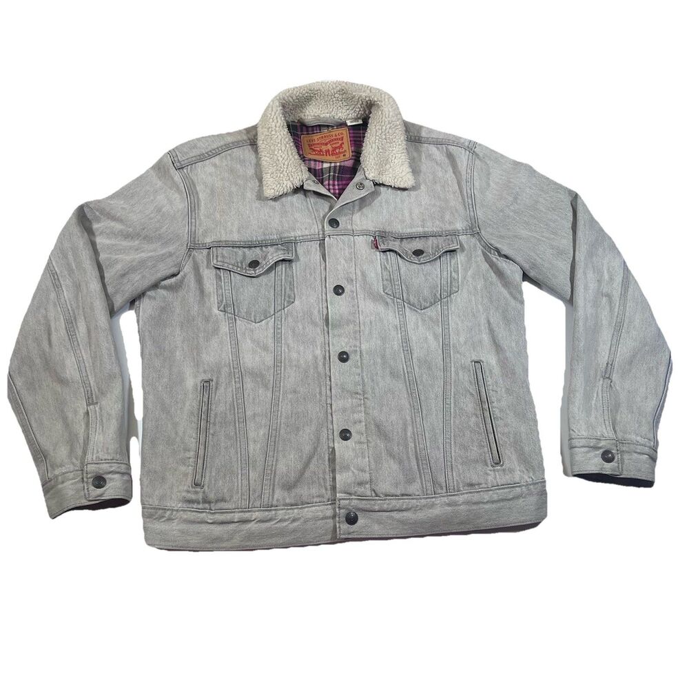 Levi's Flannel Lined Washed Gray Denim Trucker Jacket Sherpa Collar Women's Med - Picture 1 of 13